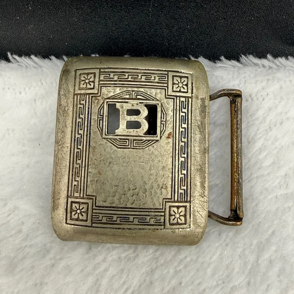 Vintage Giant Grip Belt Buckle Silver Front Art Deco B Greek Key Mens 1.5